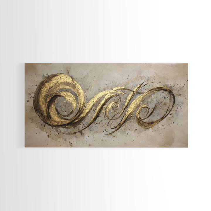 Gold Leaf Calligraphic Spiral on Plaster Surface Canvas Print, Calligraphy Art, Art Print, Living Room Decor, Script, CAL-2x1-34