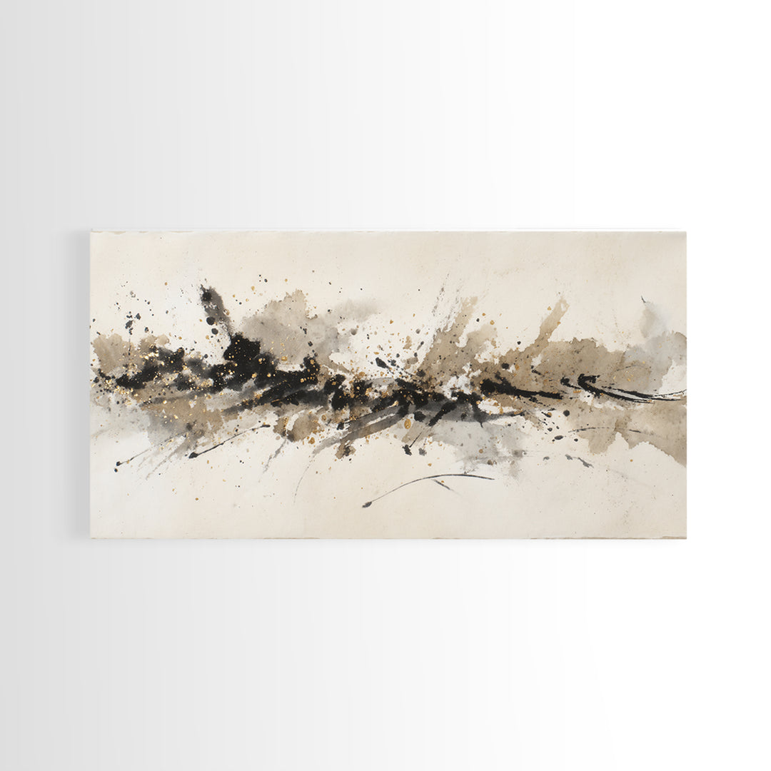 Ink Splatter and Long Brushstroke Composition Canvas Print, Calligraphy Art, Wall Art, Living Room Decor, Fine Art, Script, CAL-2x1-36