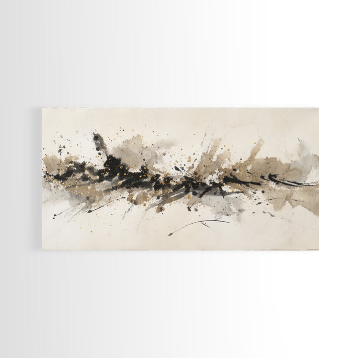 Ink Splatter and Long Brushstroke Composition Canvas Print, Calligraphy Art, Wall Art, Living Room Decor, Fine Art, Script, CAL-2x1-36