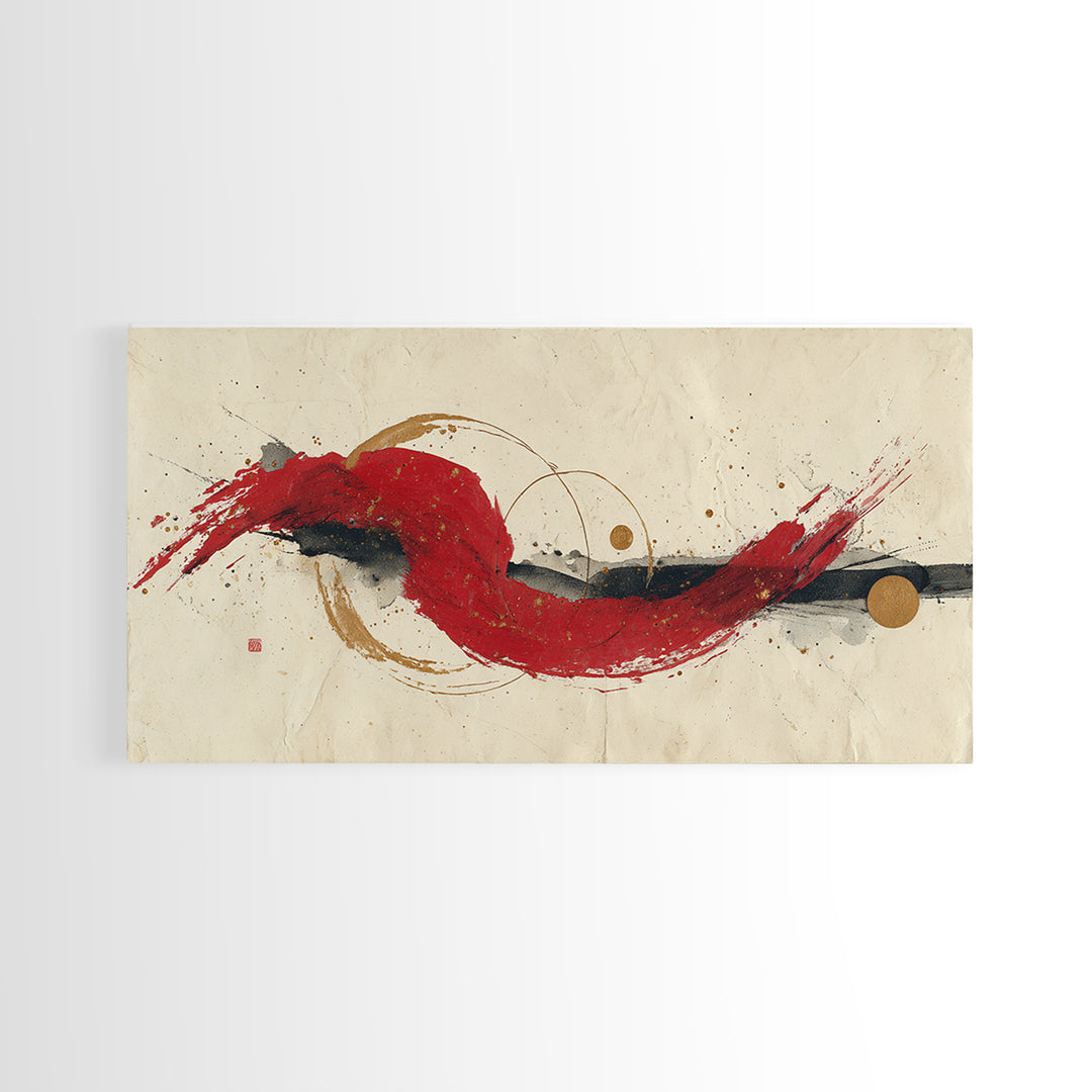 Bold Red Brushstroke Seal Abstraction Canvas Print, Calligraphy Art, Painting, Living Room Decor, Script, Japanese Art, CAL-2x1-39