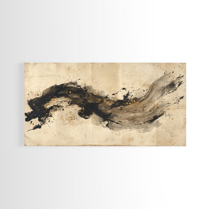 Large Sweeping Black Ink Gesture Like a Framed Canvas Print, Calligraphy Art, Prints, Living Room Decor, Fine Art, Script, CAL-2x1-45