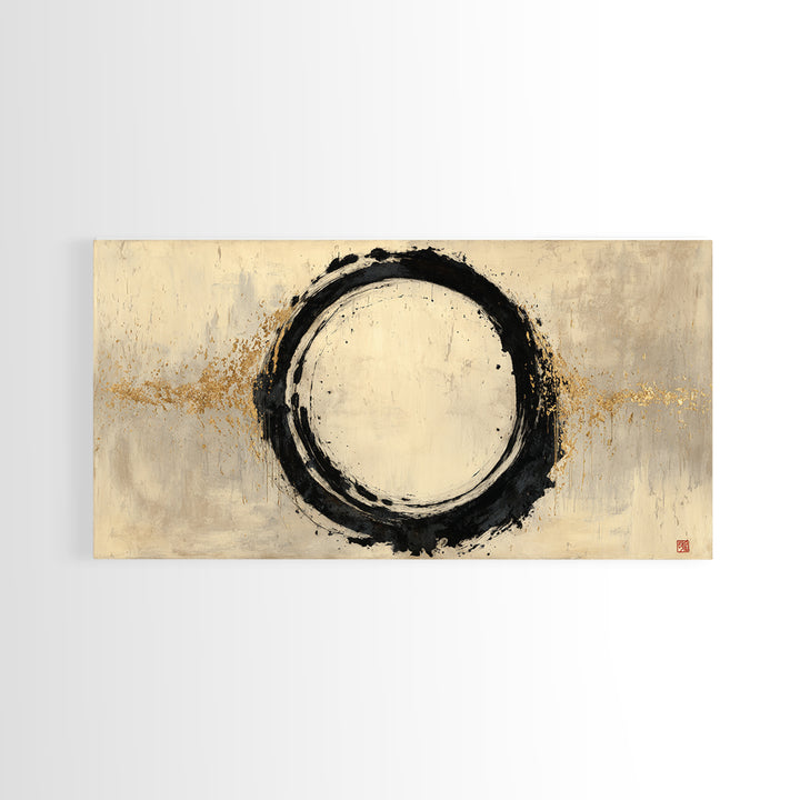 Japanese Brush Mark Circle Framed Canvas Print, Calligraphy Art, Printable Wall Art, Living Room Decor, Fine Art, Script, CAL-2x1-72