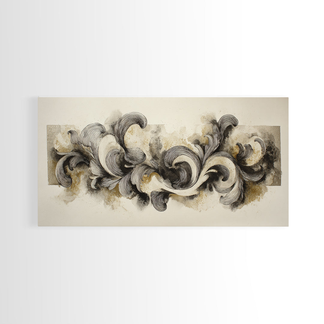 Baroque Scrollwork Made from Looping Pen Strokes Framed Canvas Print, Calligraphy Art, Japanese Art, Living Room Decor, Script, CAL-2x1-80