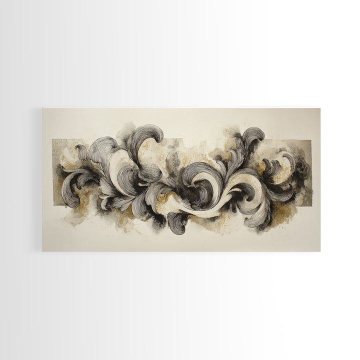 Baroque Scrollwork Made from Looping Pen Strokes Framed Canvas Print, Calligraphy Art, Japanese Art, Living Room Decor, Script, CAL-2x1-80