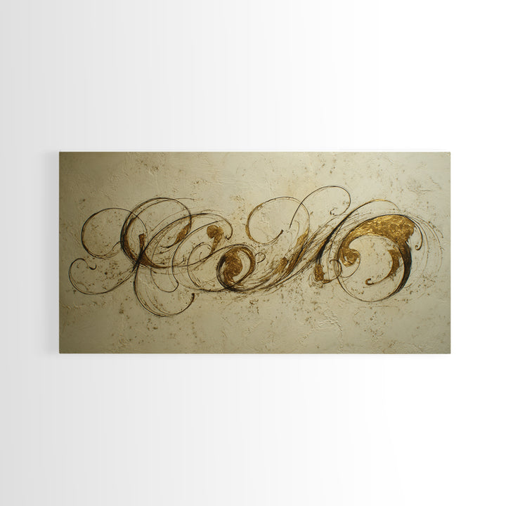 Gold Leaf Calligraphic Spiral on Plaster Surface Canvas Print, Calligraphy Art, Wall Art, Living Room Decor, Watercolor Art, CAL-2x1-82