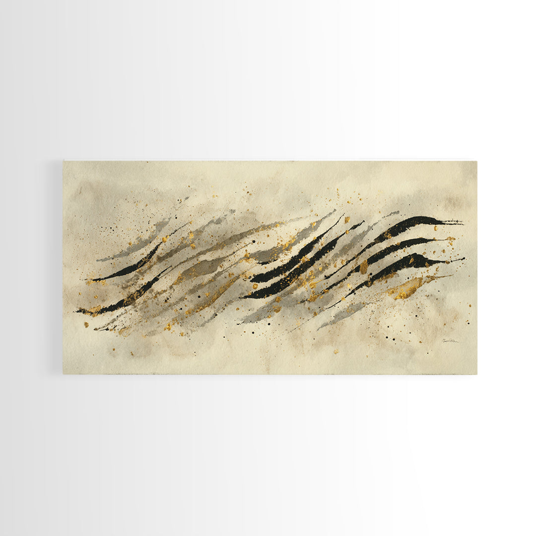 Abstract Gold Calligraphic Strokes on Ivory Paper Canvas Print, Calligraphy Art, Wall Decor, Living Room Decor, Script, CAL-2x1-94