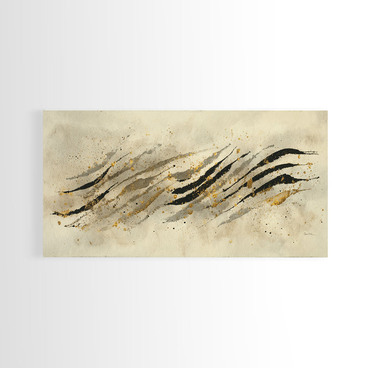 Abstract Gold Calligraphic Strokes on Ivory Paper Canvas Print, Calligraphy Art, Wall Decor, Living Room Decor, Script, CAL-2x1-94