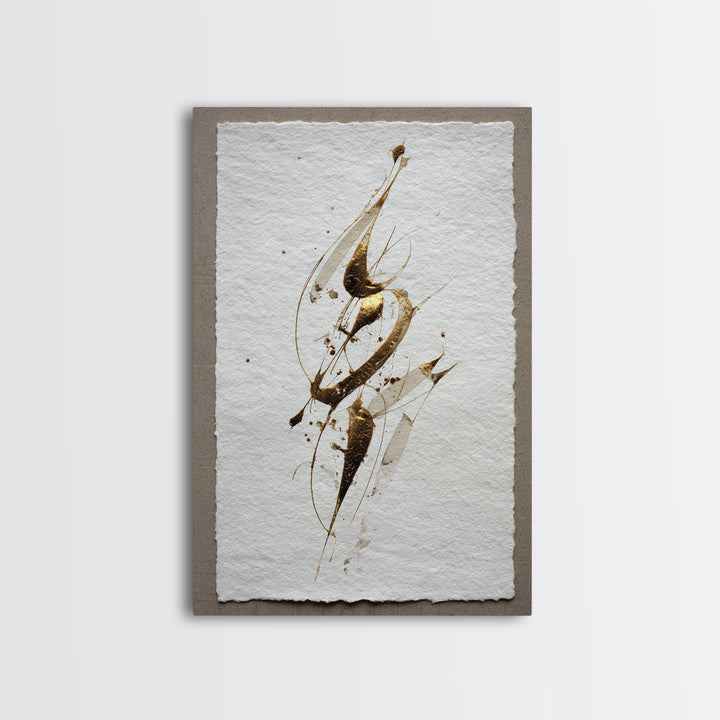 Abstract Gold Calligraphic Strokes on Ivory Paper Canvas Print, Calligraphy Art, Luxury Decor, Living Room Decor, Script, CAL-2x3-10