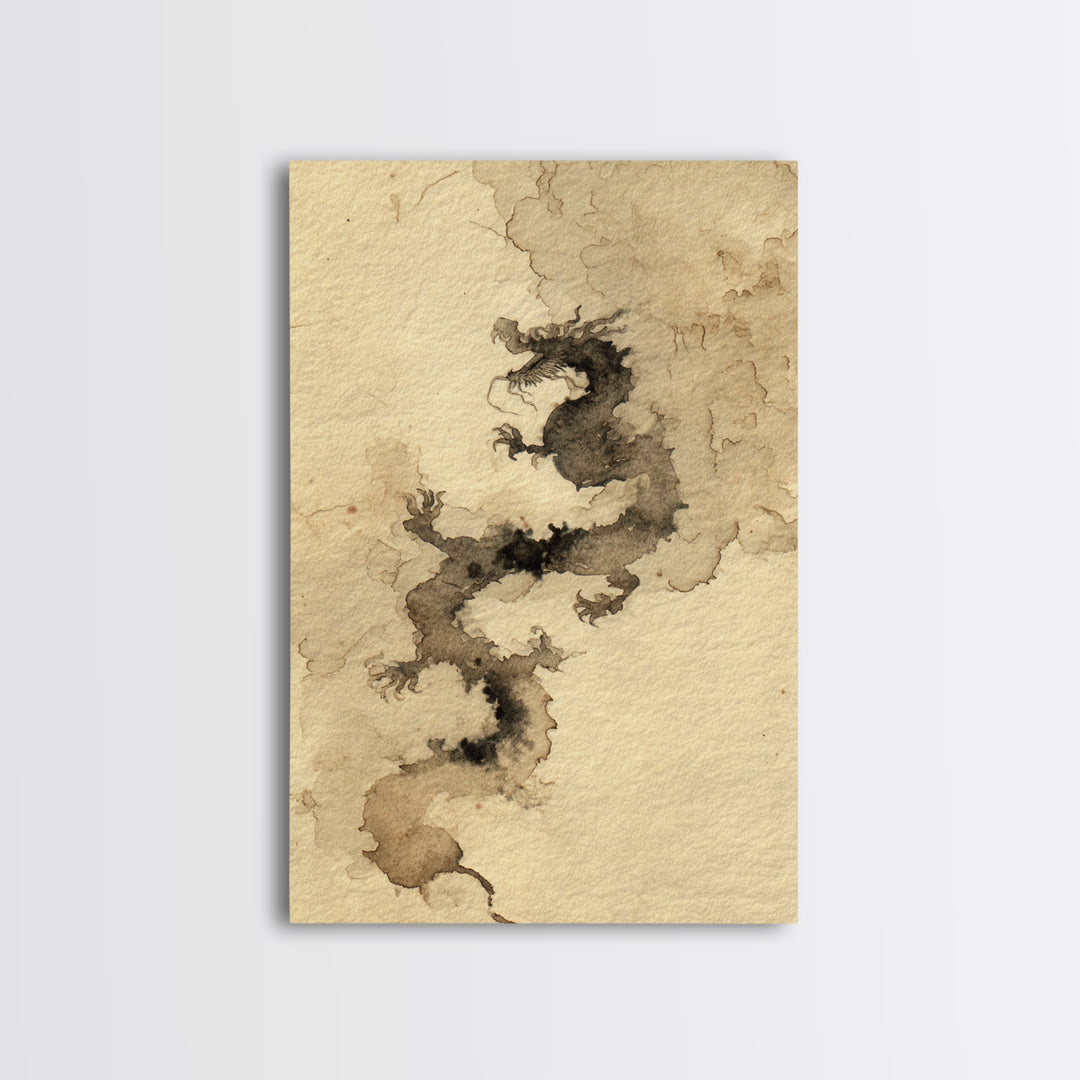 Ink Wash Dragon Curve Framed Canvas Print, Calligraphy Art, Painting, Living Room Decor, Fine Art, Script, Japanese Art, CAL-2x3-17