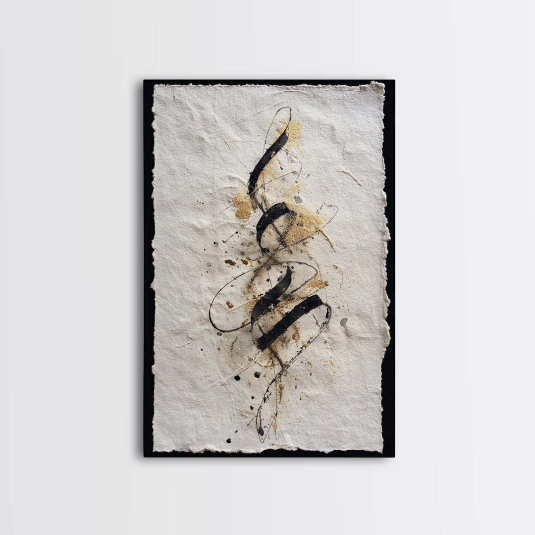 Gold Leaf Calligraphic Spiral on Plaster Surface Canvas Print, Calligraphy Art, Textured Painting, Living Room Decor, Script, CAL-2x3-22