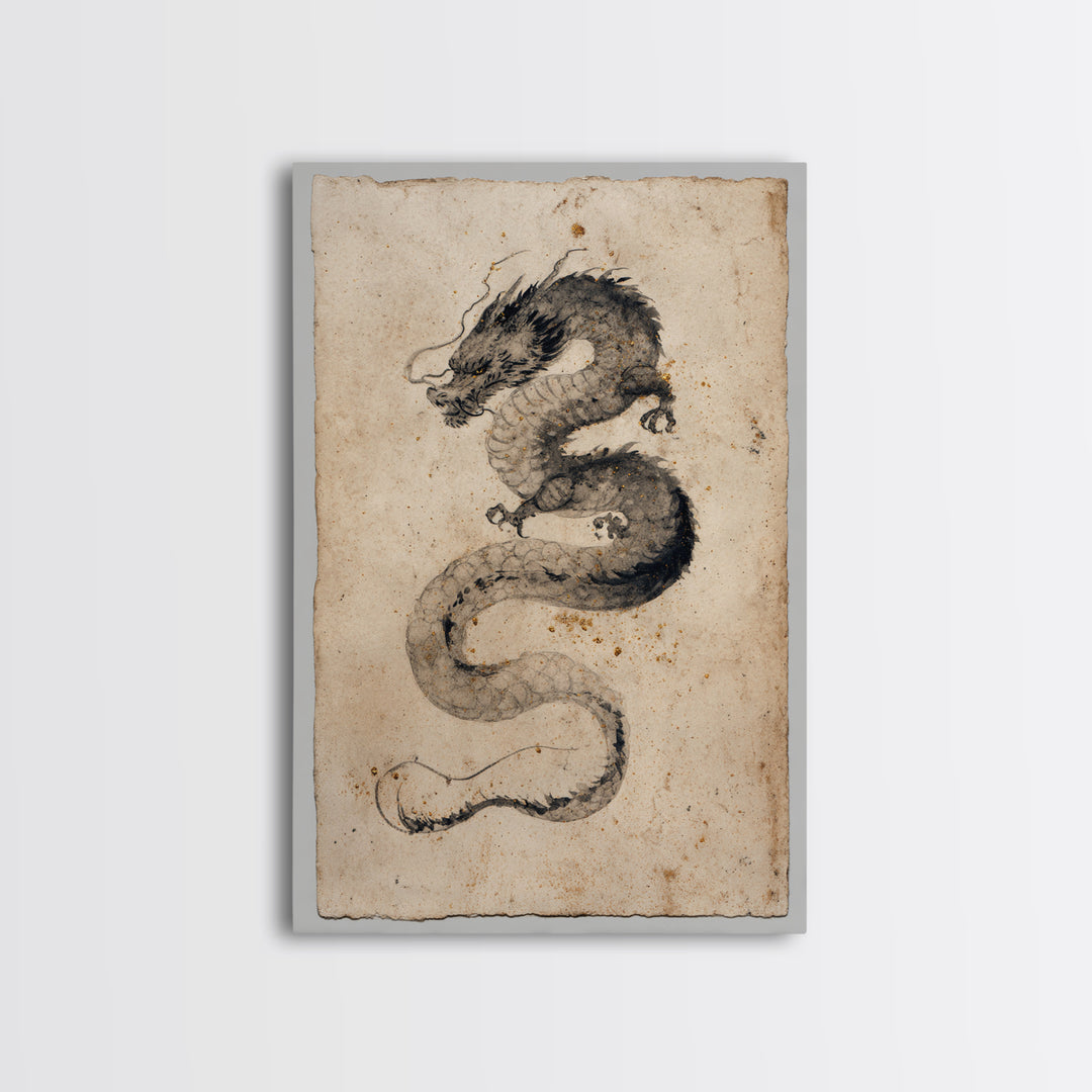 Ink Wash Dragon Curve Framed Canvas Print, Calligraphy Art, Painting, Living Room Decor, Fine Art, Script, Japanese Art, CAL-2x3-41