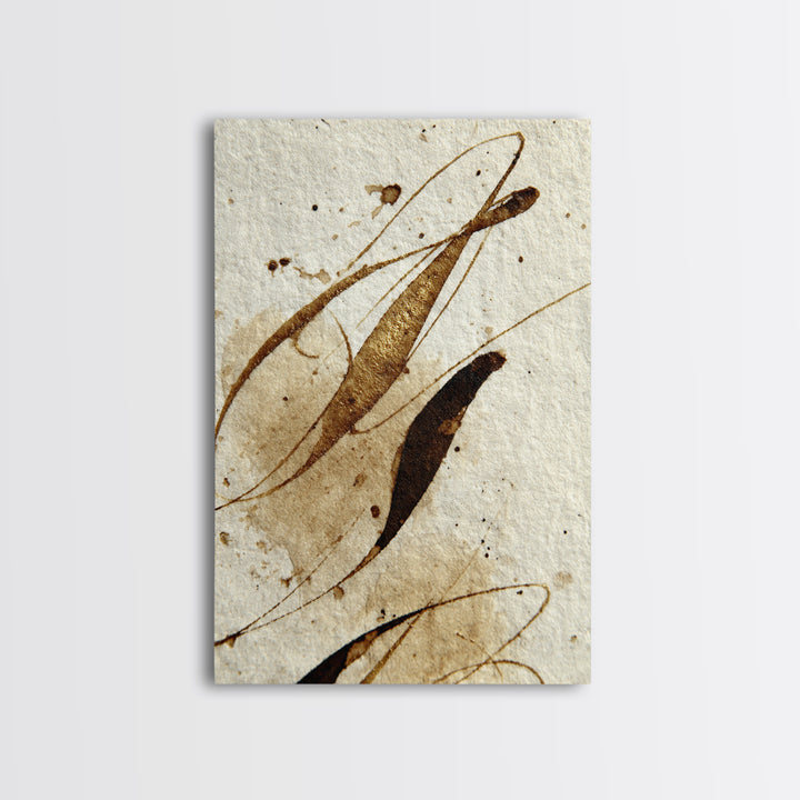 Abstract Gold Calligraphic Strokes on Ivory Paper Canvas Print, Calligraphy Art, Digital Prints, Living Room Decor, Script, CAL-2x3-58