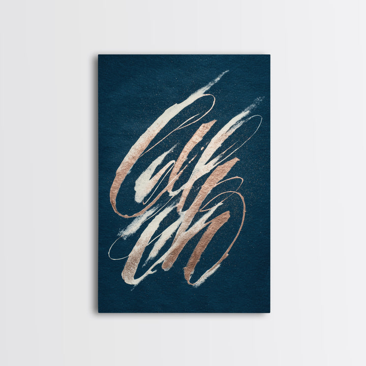 Layered Copper Ink Strokes on Dark Navy Canvas Print, Calligraphy Art, Prints, Living Room Decor, Script, Bedroom Wall Decor, CAL-2x3-62