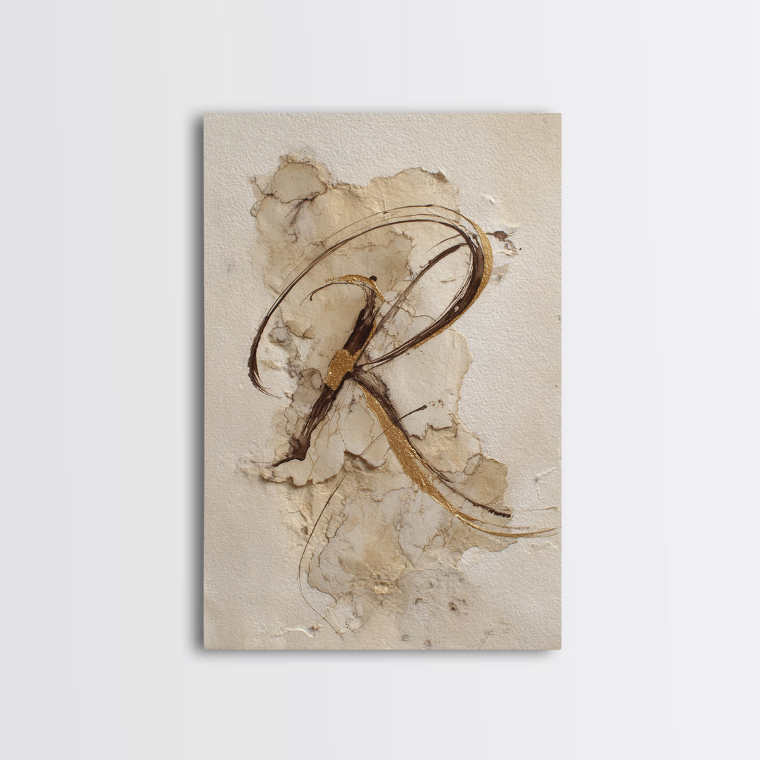 Gold Leaf Calligraphic Spiral on Plaster Surface Canvas Print, Calligraphy Art, Art, Living Room Decor, Oil Painting, Script, CAL-2x3-70