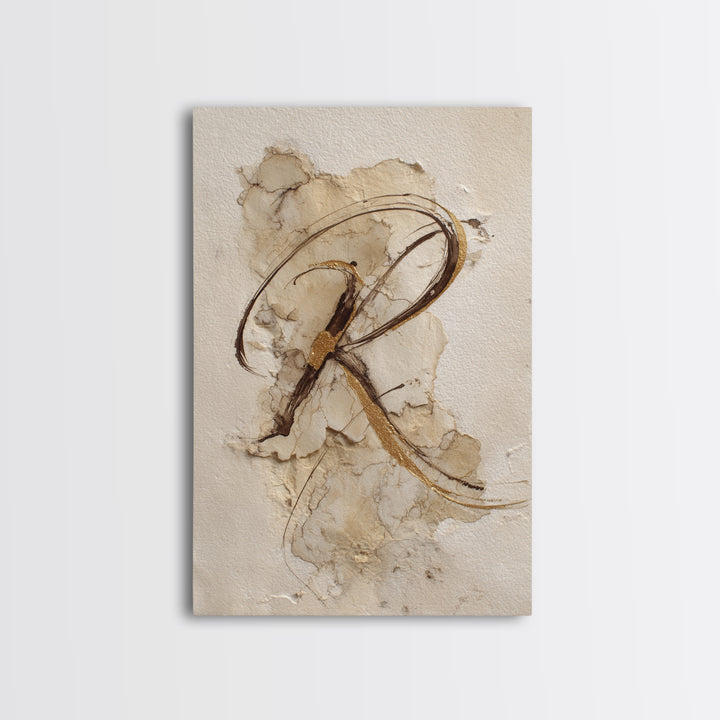 Gold Leaf Calligraphic Spiral on Plaster Surface Canvas Print, Calligraphy Art, Art, Living Room Decor, Oil Painting, Script, CAL-2x3-70