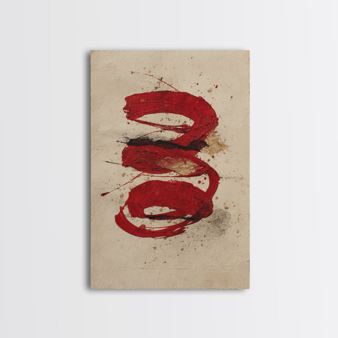 Bold Red Brushstroke Seal Abstraction Framed Canvas Print, Calligraphy Art, Print, Living Room Decor, Fine Art, Script, CAL-2x3-75