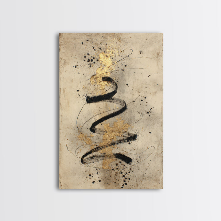 Gold Leaf Calligraphic Spiral on Plaster Surface Canvas Print, Calligraphy Art, Printable, Living Room Decor, Script, CAL-2x3-94