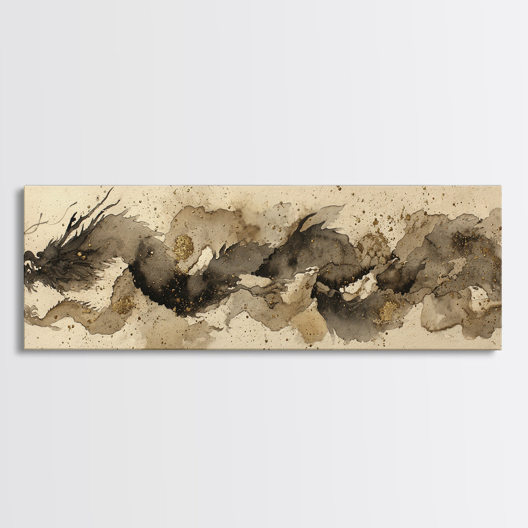 Ink Wash Dragon Curve Framed Canvas Print, Calligraphy Art, Wall Art Print, Living Room Decor, Fine Art, Script, Japanese Decor, CAL-3x1-1