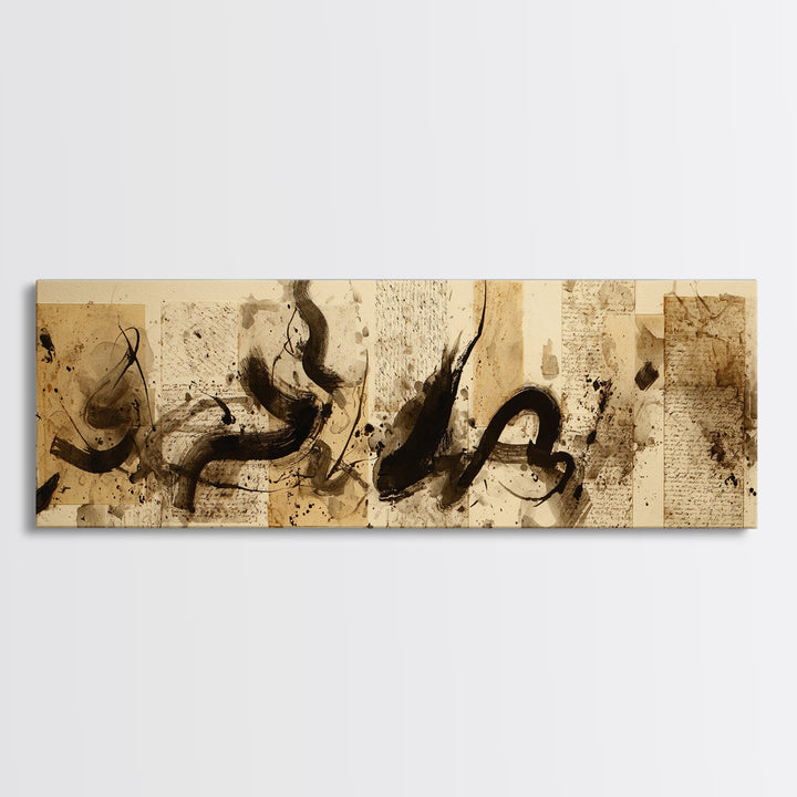 Large Sweeping Black Ink Gesture Like a Framed Canvas Print, Calligraphy Art, Living Room Wall Art, Living Room Decor, Script, CAL-3x1-17