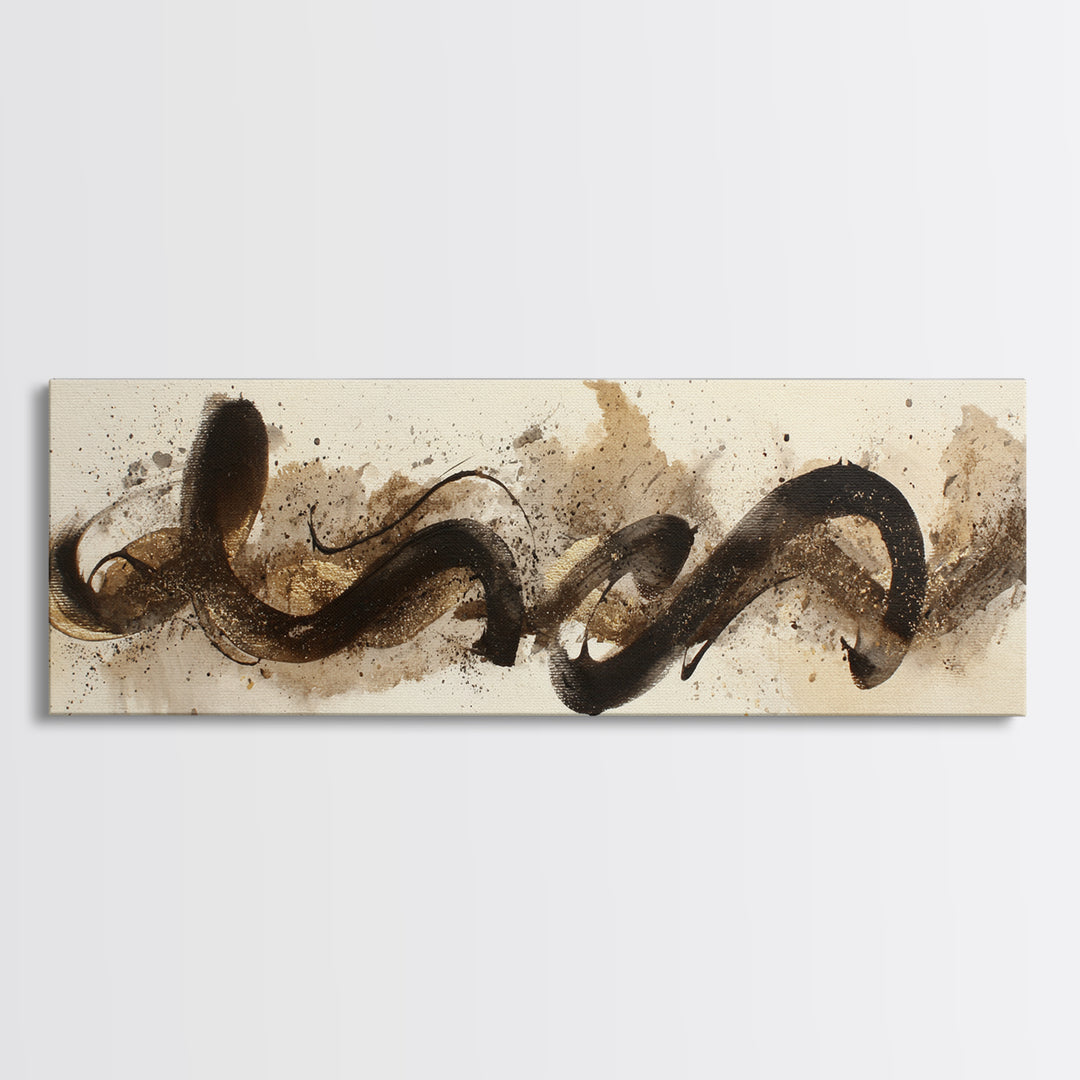 Abstract Gold Calligraphic Strokes on Ivory Paper Canvas Print, Calligraphy Art, Printable Wall Art, Living Room Decor, Script, CAL-3x1-18