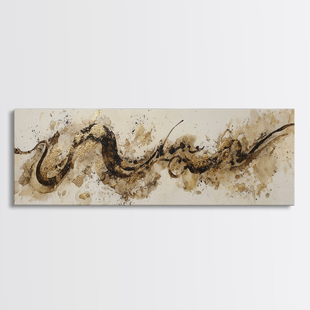 Gold Leaf Calligraphic Spiral on Plaster Surface Canvas Print, Calligraphy Art, Wall Art, Living Room Decor, Watercolor Art, CAL-3x1-30