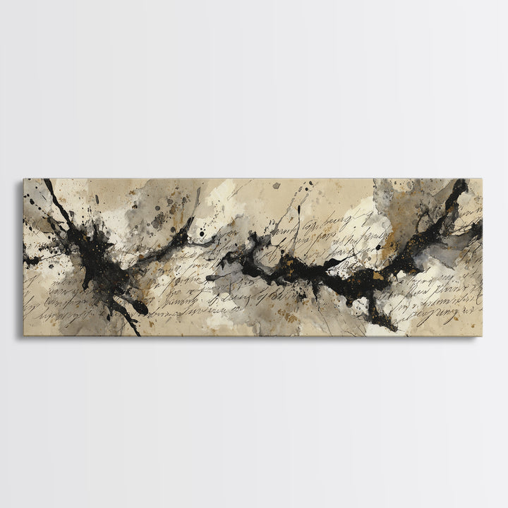 Ink Splatter and Long Brushstroke Composition Framed Canvas Print, Calligraphy Art, Quote Wall Art, Living Room Decor, Script, CAL-3x1-32