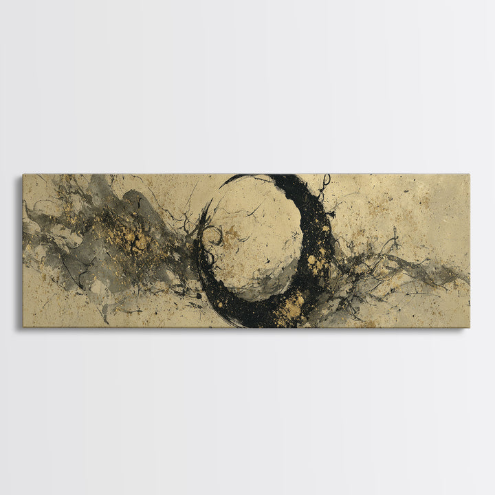 Crescent Moon Made from Elegant Ink Swashes Framed Canvas Print, Calligraphy Art, Japanese Art, Living Room Decor, Script, CAL-3x1-37