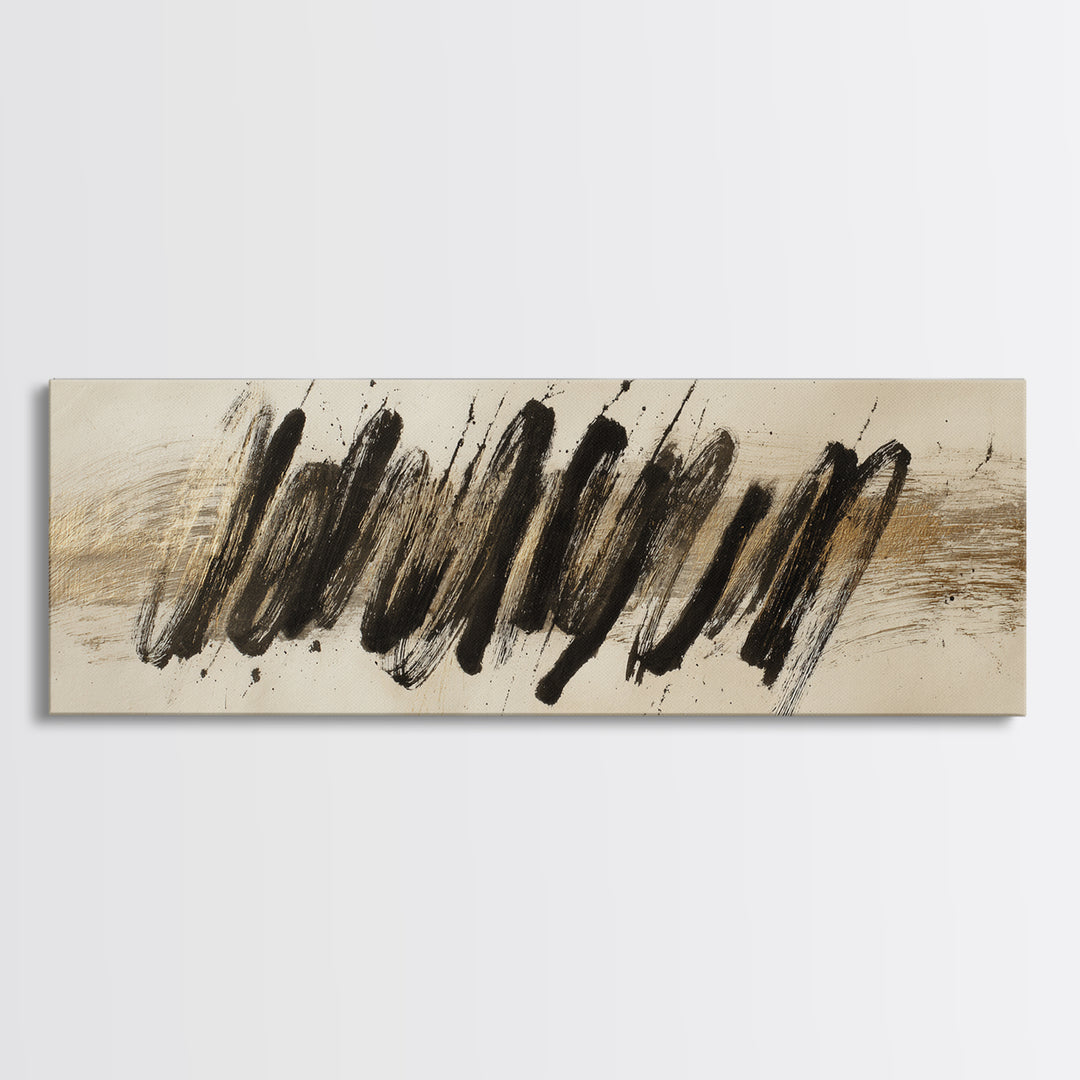 Abstract Gold Calligraphic Strokes on Ivory Paper Canvas Print, Calligraphy Art, Unique Wall Art, Living Room Decor, Script, CAL-3x1-42