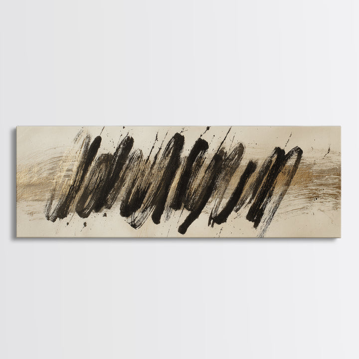 Abstract Gold Calligraphic Strokes on Ivory Paper Canvas Print, Calligraphy Art, Unique Wall Art, Living Room Decor, Script, CAL-3x1-42