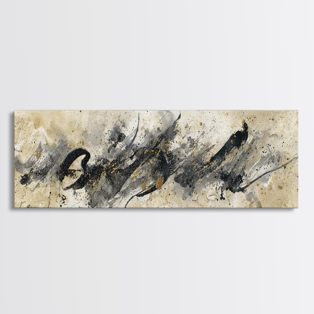 Monochrome Brush Alphabet Fragments as Abstract Texture Canvas Print, Calligraphy Art, Living Room Decor, Script, CAL-3x1-5