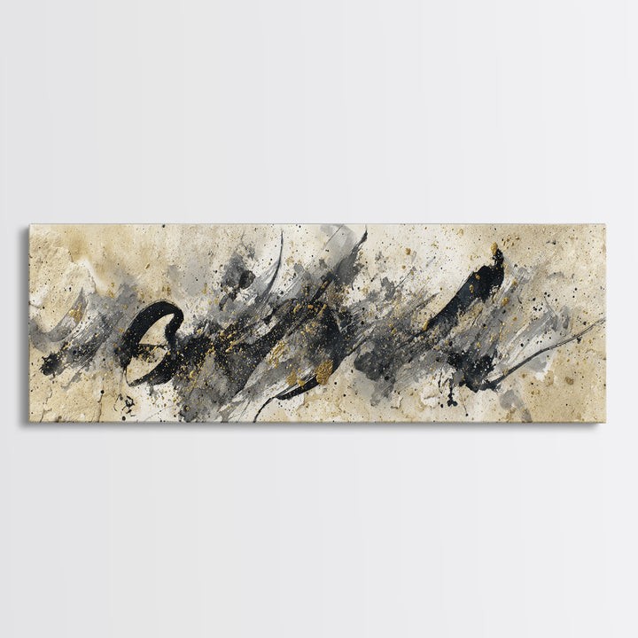 Monochrome Brush Alphabet Fragments as Abstract Texture Canvas Print, Calligraphy Art, Living Room Decor, Script, CAL-3x1-5