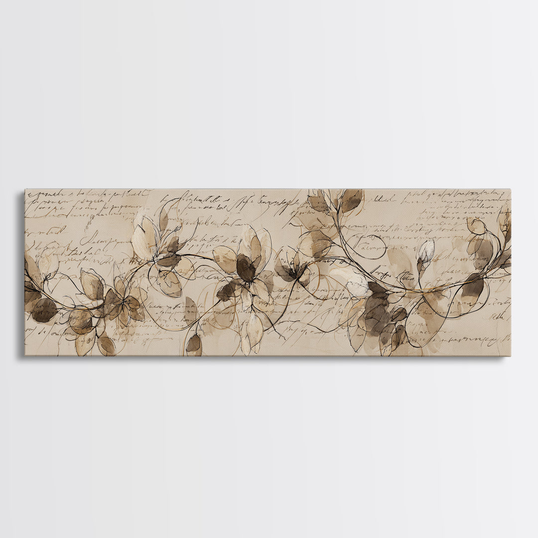 Floral Vine Created from Graceful Script Like Framed Canvas Print, Calligraphy Art, Living Room Decor, Oil Painting, Script, CAL-3x1-51