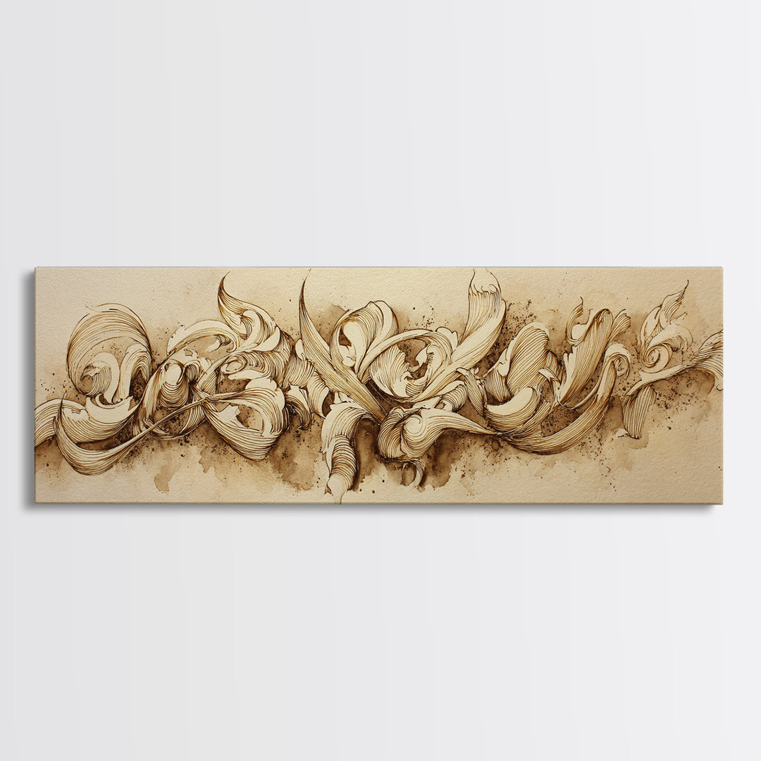 Baroque Scrollwork Made from Looping Pen Strokes Framed Canvas Print, Calligraphy Art, Room Decor, Living Room Decor, Script, CAL-3x1-52