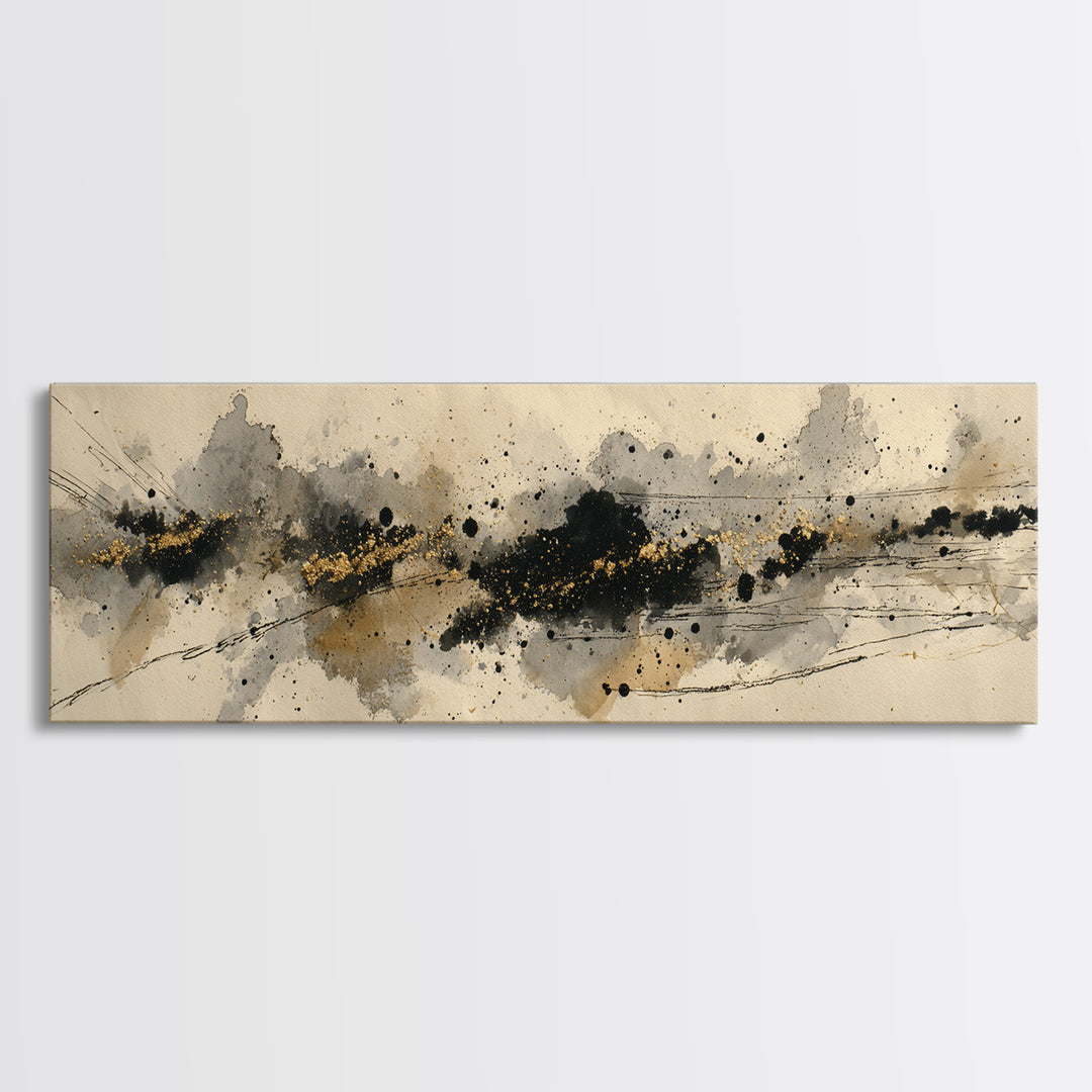 Ink Splatter and Long Brushstroke Composition Canvas Print, Calligraphy Art, Textured Painting, Living Room Decor, Script, CAL-3x1-56
