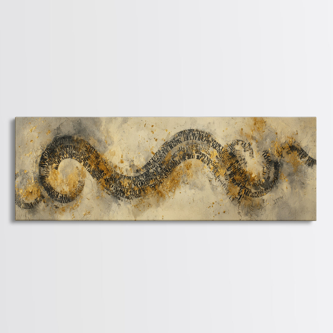 Gold Leaf Calligraphic Spiral on Plaster Surface Canvas Print, Calligraphy Art, Modern Art, Living Room Decor, Fine Art, Script, CAL-3x1-6