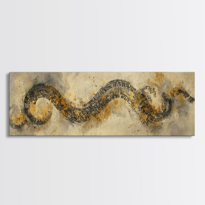 Gold Leaf Calligraphic Spiral on Plaster Surface Canvas Print, Calligraphy Art, Modern Art, Living Room Decor, Fine Art, Script, CAL-3x1-6
