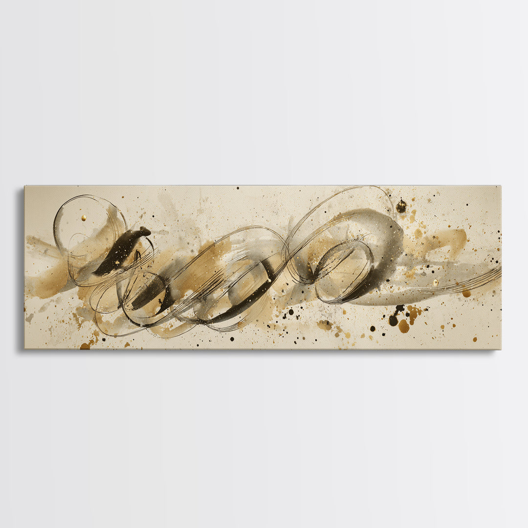 Abstract Gold Calligraphic Strokes on Ivory Paper Canvas Print, Calligraphy Art, Unique Wall Art, Living Room Decor, Script, CAL-3x1-66