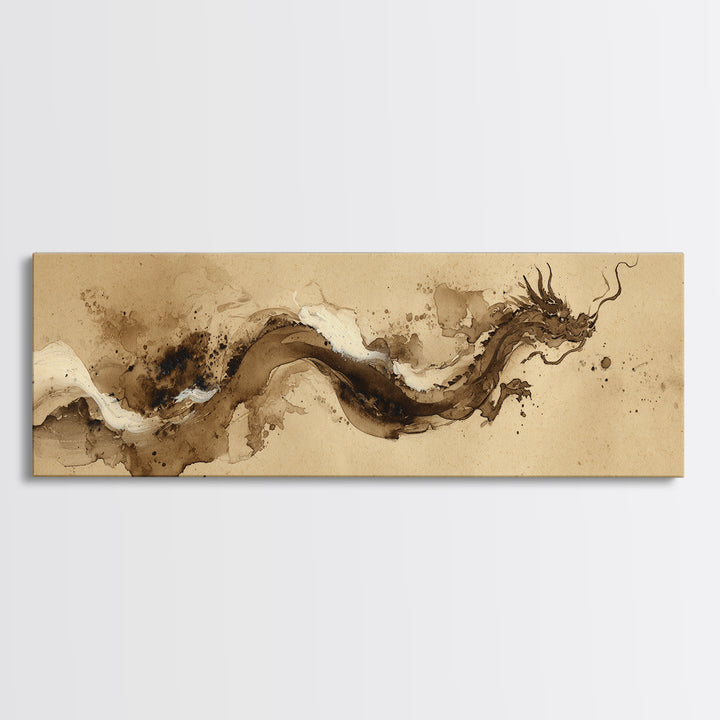 Ink Wash Dragon Curve Framed Canvas Print, Calligraphy Art, Digital Download Art, Living Room Decor, Fine Art, Script, CAL-3x1-73