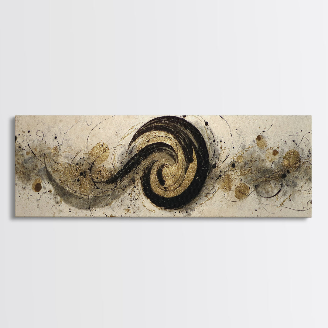 Gold Leaf Calligraphic Spiral on Plaster Surface Canvas Print, Calligraphy Art, Art, Living Room Decor, Oil Painting, Script, CAL-3x1-78
