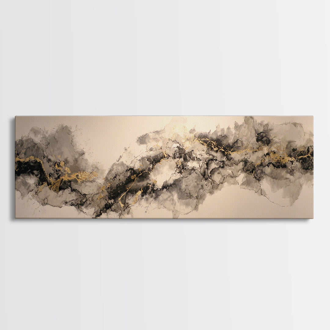 Ink Splatter and Long Brushstroke Composition Canvas Print, Calligraphy Art, Art, Living Room Decor, Fine Art, Script, CAL-3x1-80
