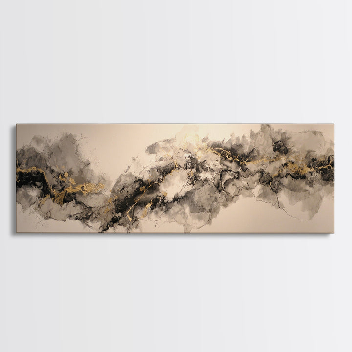 Ink Splatter and Long Brushstroke Composition Canvas Print, Calligraphy Art, Art, Living Room Decor, Fine Art, Script, CAL-3x1-80