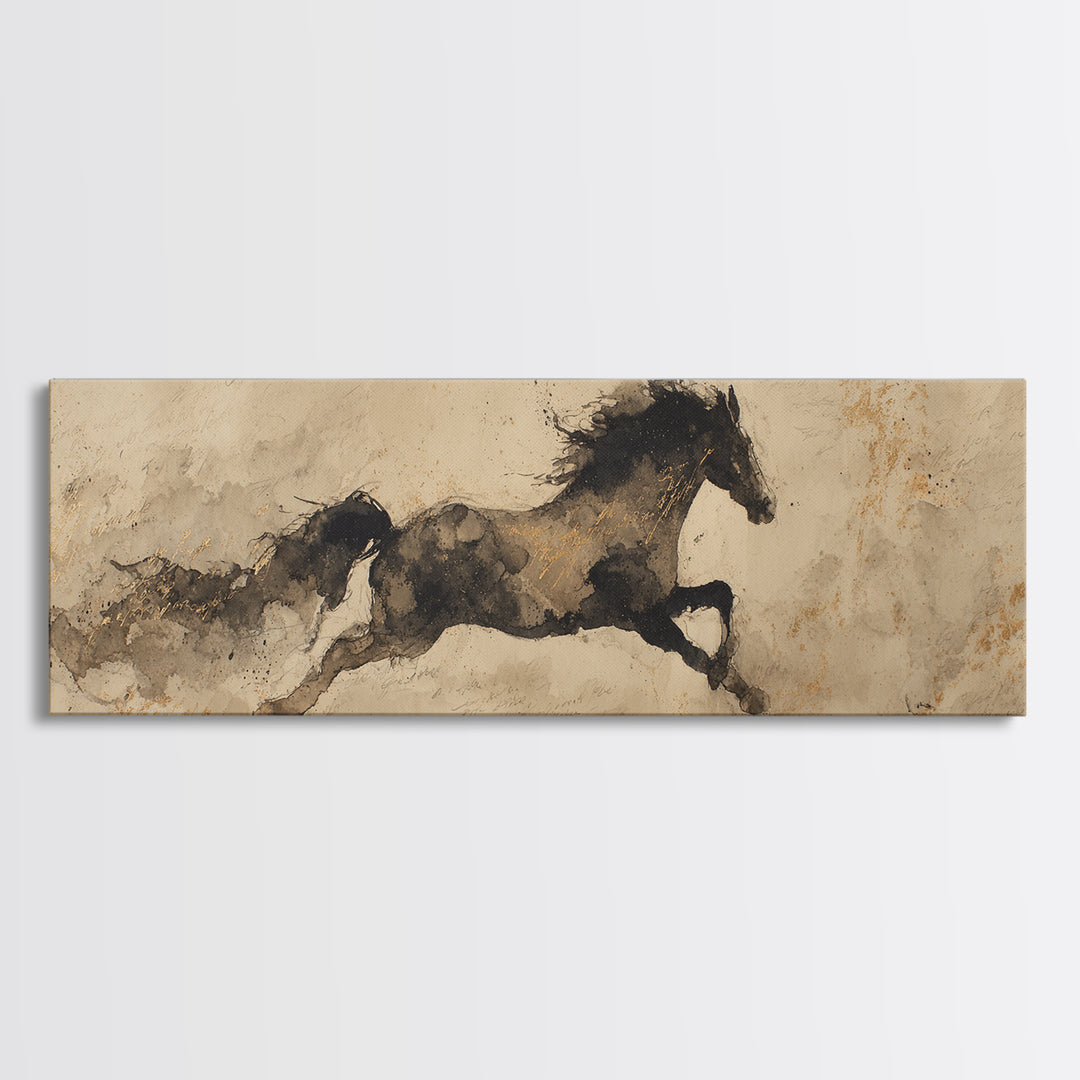 Calligraphic Horse Silhouette Made from One Line Framed Canvas Print, Calligraphy Art, Modern Art, Living Room Decor, Script, CAL-3x1-81