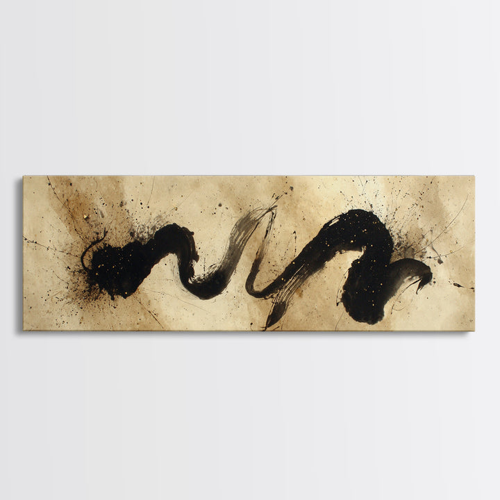 Large Sweeping Black Ink Gesture Like a Framed Canvas Print, Calligraphy Art, Quote Wall Art, Living Room Decor, Script, CAL-3x1-89
