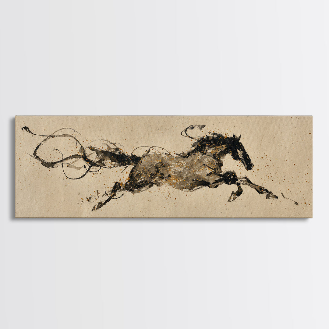 Calligraphic Horse Silhouette Made from One Line Framed Canvas Print, Calligraphy Art, Wallart, Living Room Decor, Script, CAL-3x1-9