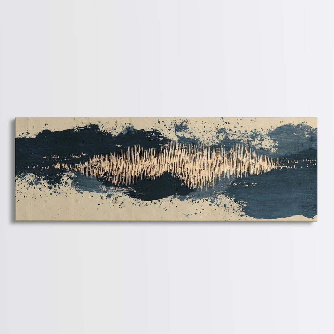 Layered Copper Ink Strokes on Dark Navy Canvas Print, Calligraphy Art, Living Room Wall Art, Living Room Decor, Script, CAL-3x1-94