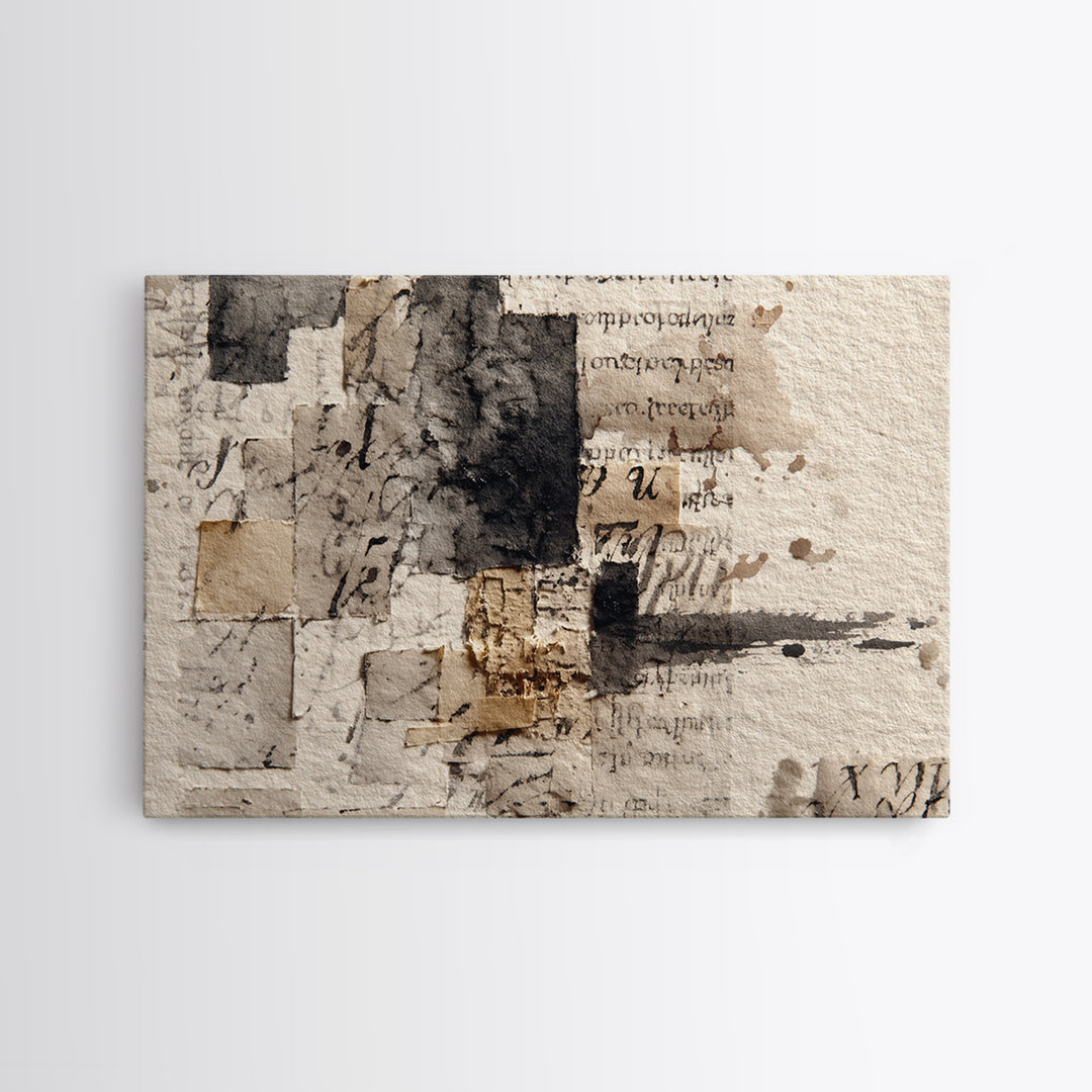 Monochrome Brush Alphabet Fragments as Abstract Texture Canvas Print, Calligraphy Art, Japanese Art, Living Room Decor, Script, CAL-3x2-17