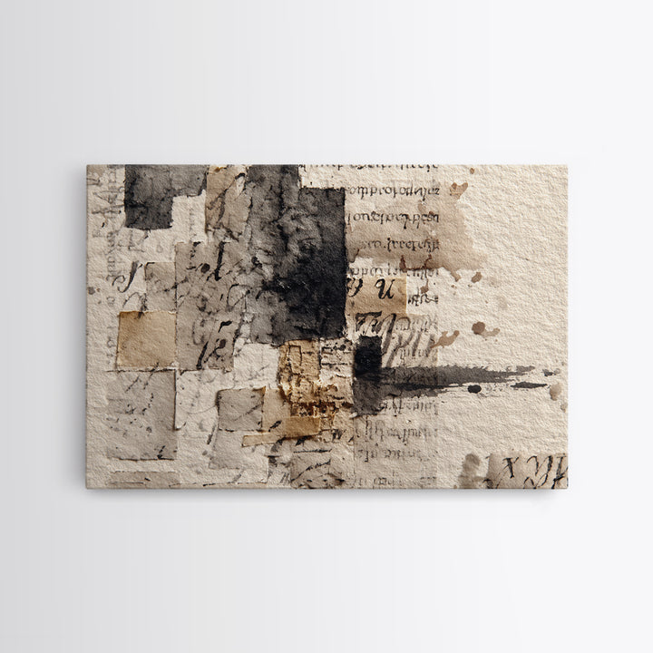 Monochrome Brush Alphabet Fragments as Abstract Texture Canvas Print, Calligraphy Art, Japanese Art, Living Room Decor, Script, CAL-3x2-17