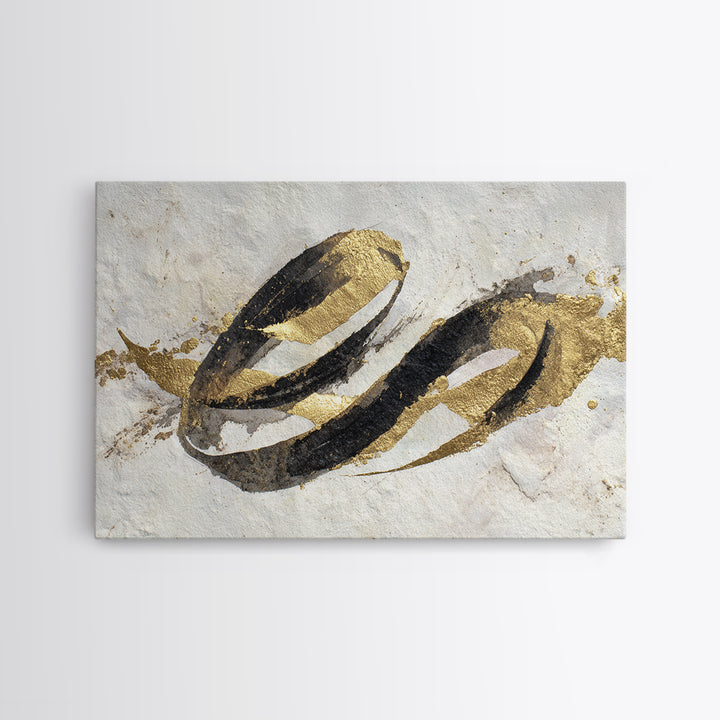 Gold Leaf Calligraphic Spiral on Plaster Surface Canvas Print, Calligraphy Art, Printable, Living Room Decor, Script, CAL-3x2-18