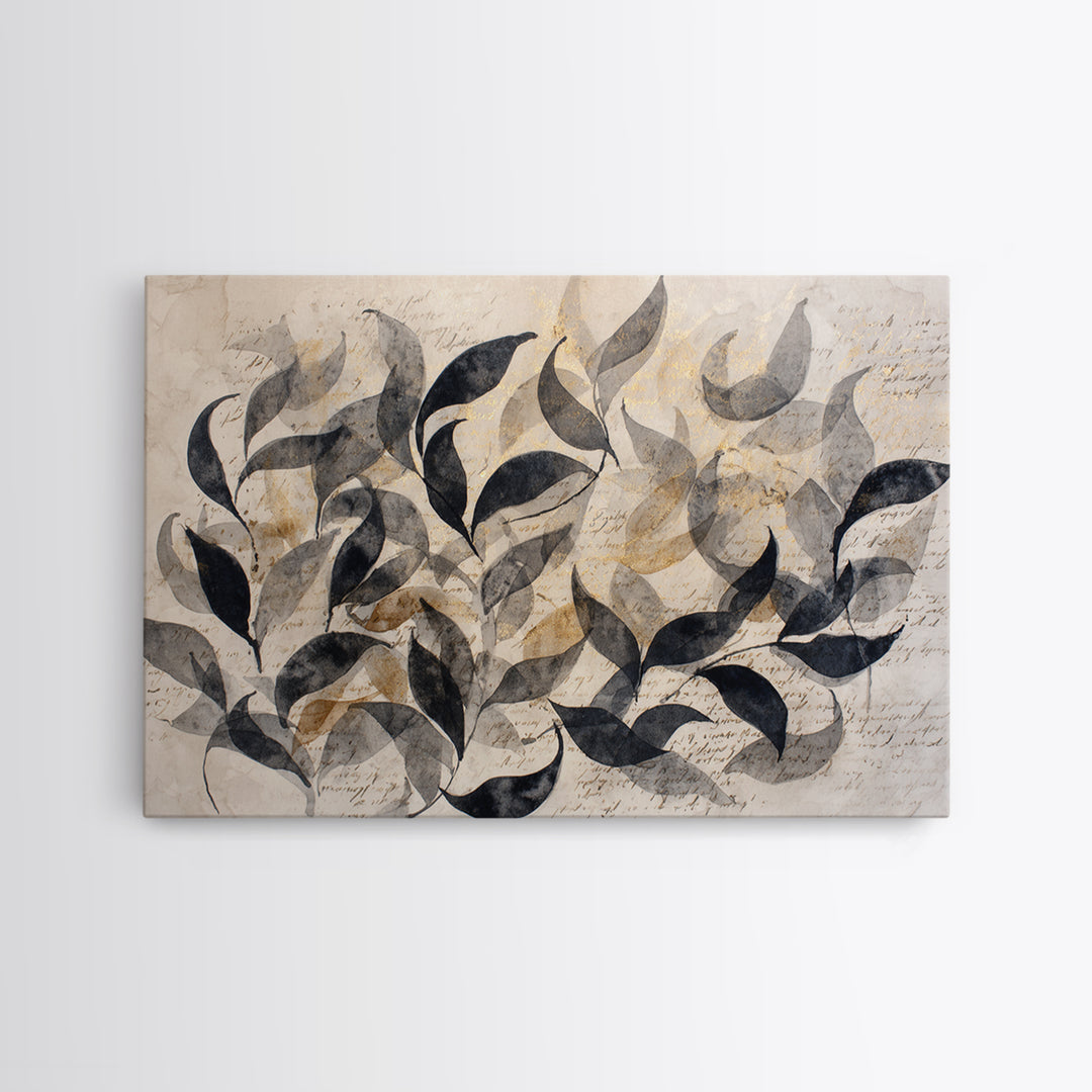 Botanical Calligraphy Pattern Framed Canvas Print, Calligraphy Art, Painting, Living Room Decor, Watercolor Art, Script, CAL-3x2-2