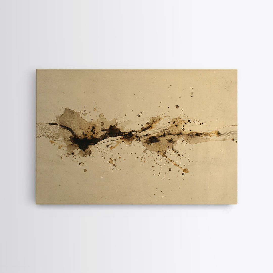 Ink Splatter and Long Brushstroke Composition Framed Canvas Print, Calligraphy Art, Unique Wall Art, Living Room Decor, Script, CAL-3x2-20